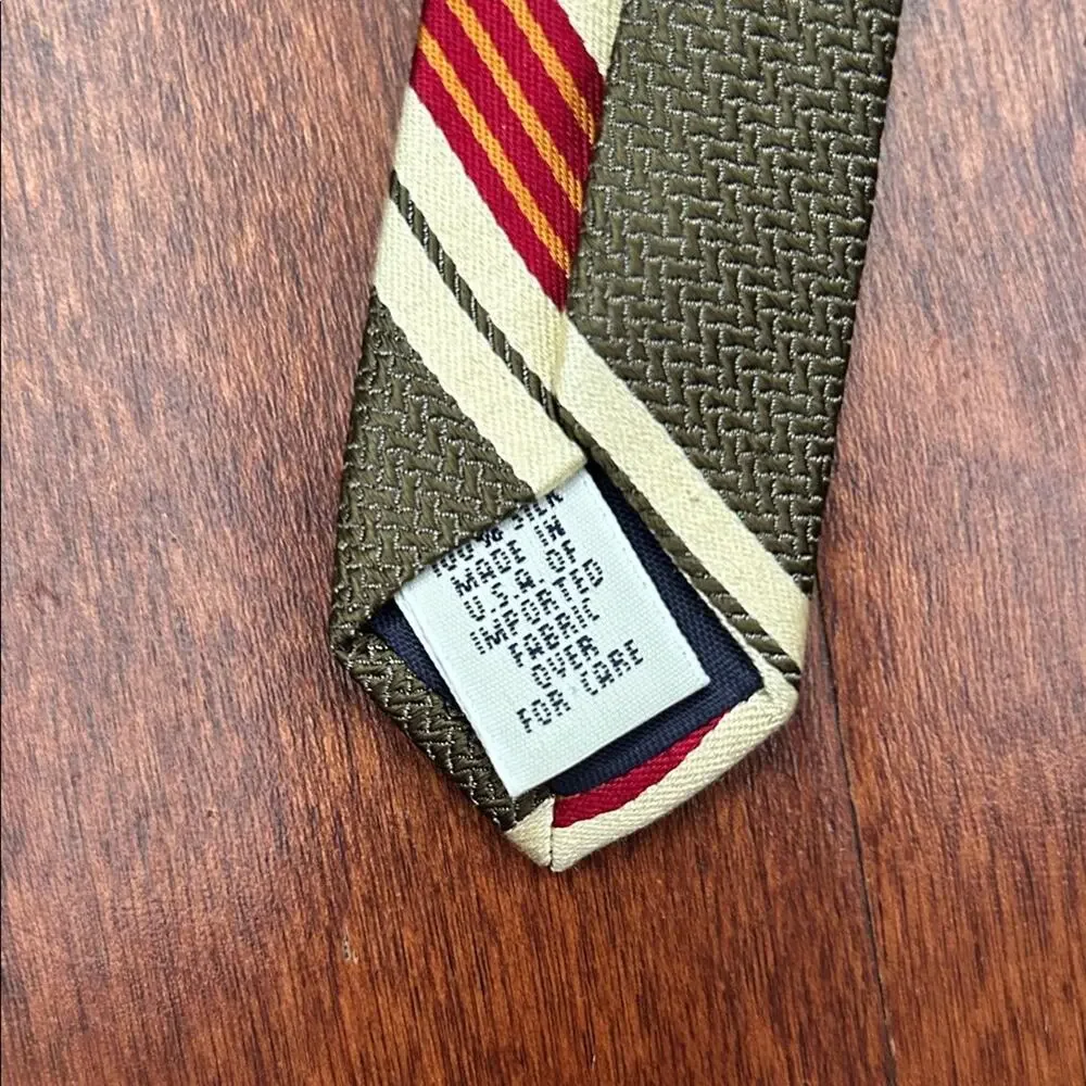 Gap Classic Retro Striped Tie in Khaki Green, Red, and Cream, 100% Silk